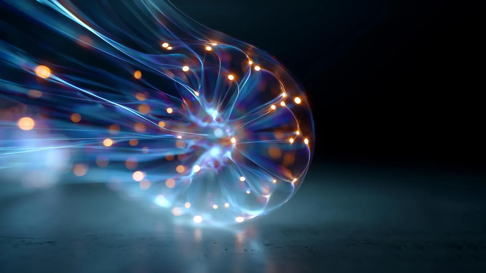 Абстрактное изображение светящихся линий и точек на тёмном фоне.