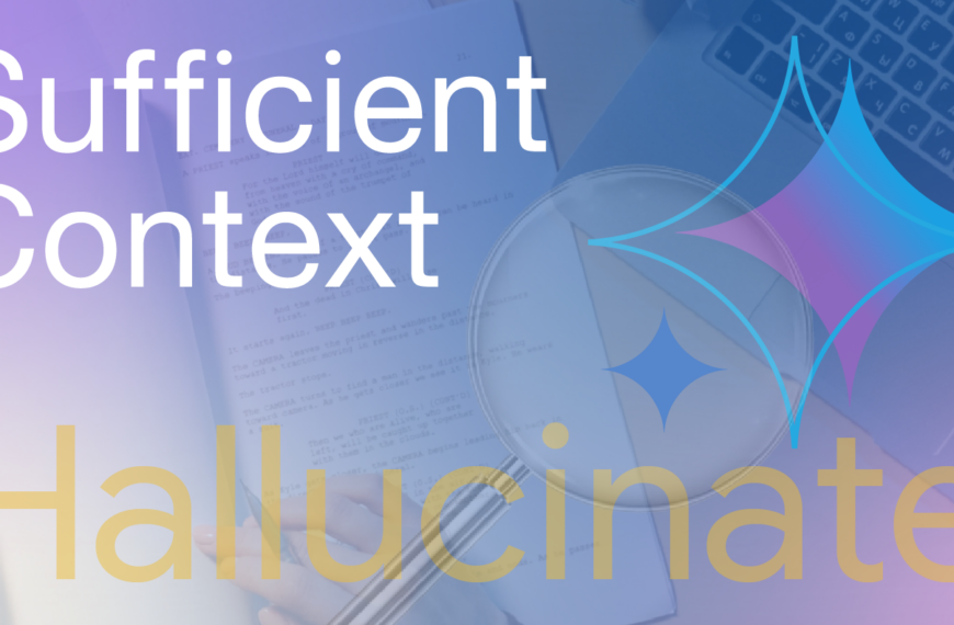 Текст "Sufficient Context Hallucinate" на фоне ноутбука и лупы.
