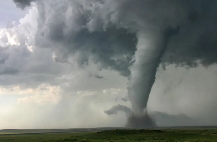 Смерч над зелёным полем при облачной погоде, бушующее природное явление.