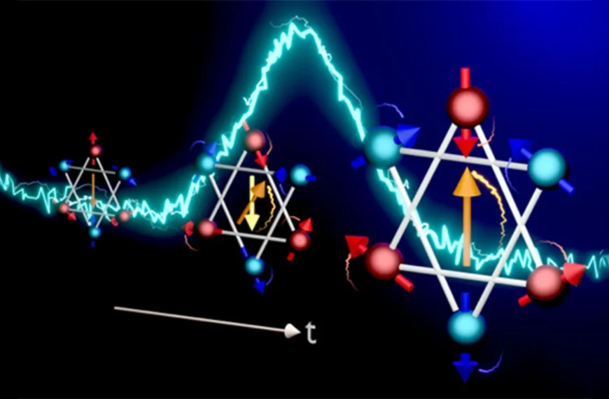 Квантовая физика: диаграмма со спинами частиц и волновыми формами.