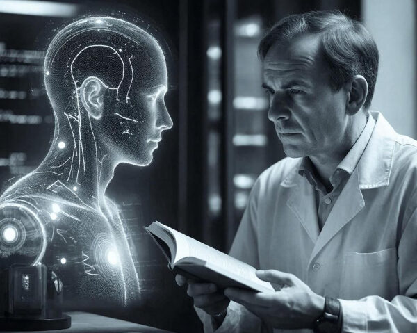 Человек в лабораторном халате изучает книгу рядом с голографическим изображением человека.