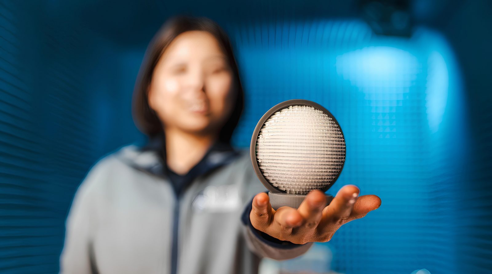 Человек держит сферический светильник в руке на фоне синих стен.