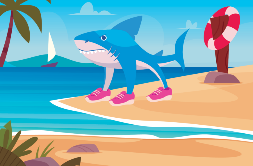 Акула в розовых кроссовках на пляже, пальмы и море на заднем плане.