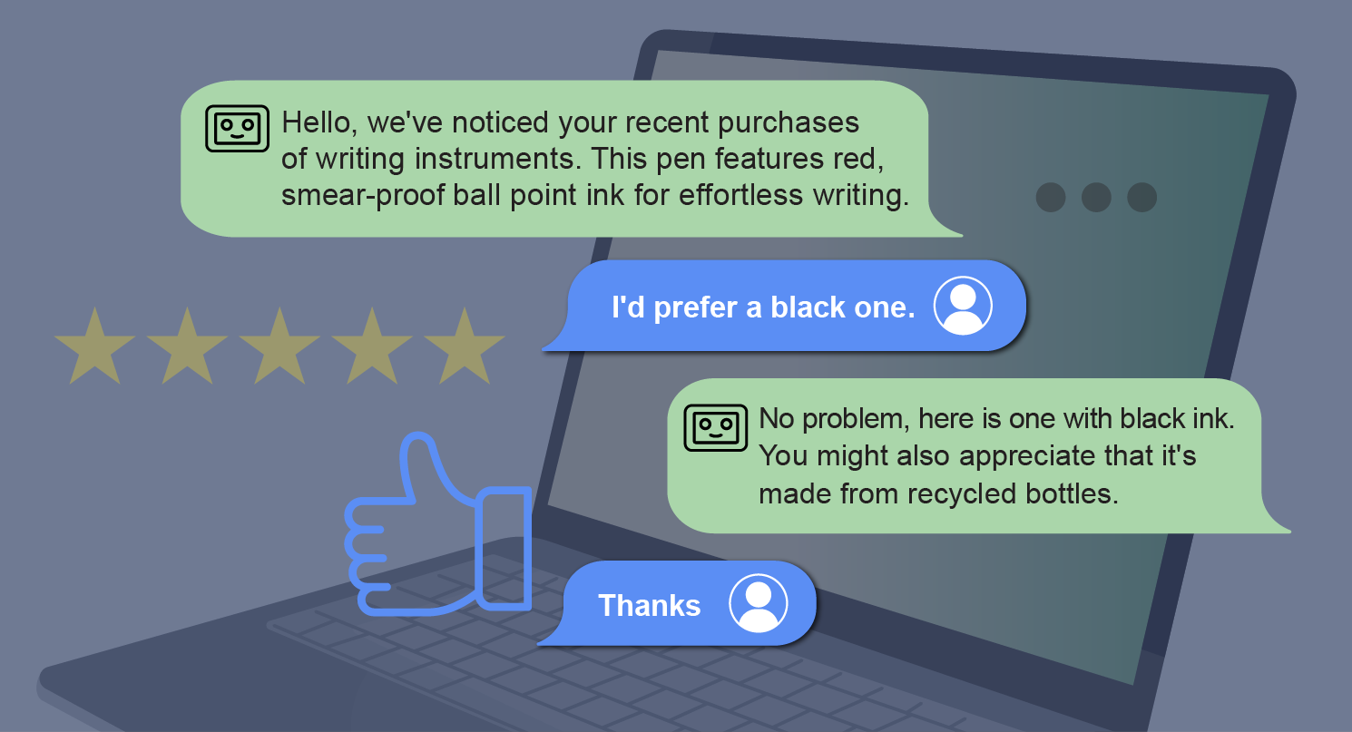 REGEN: Преобразование персонализированных рекомендаций в естественные языковые средства. 3 Чат-бот предлагает пользователю купить ручку, приобрeтённую из переработанных бутылок.