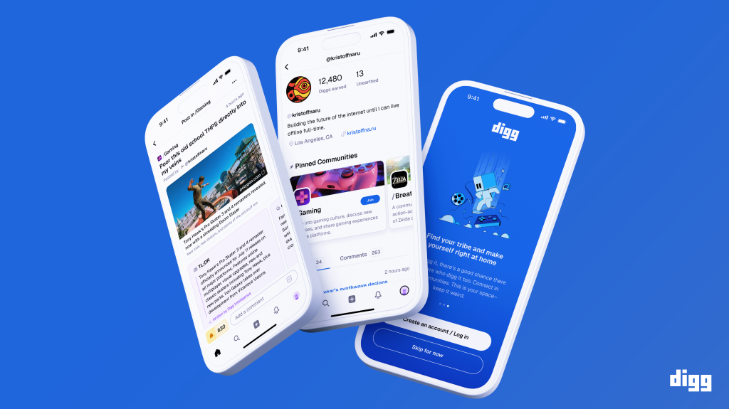 Три смартфона с экранами приложения Digg на синем фоне.