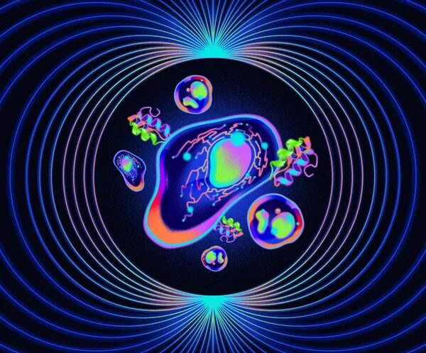 Абстрактные светящиеся формы на черном фоне с синими концентрическими кругами.