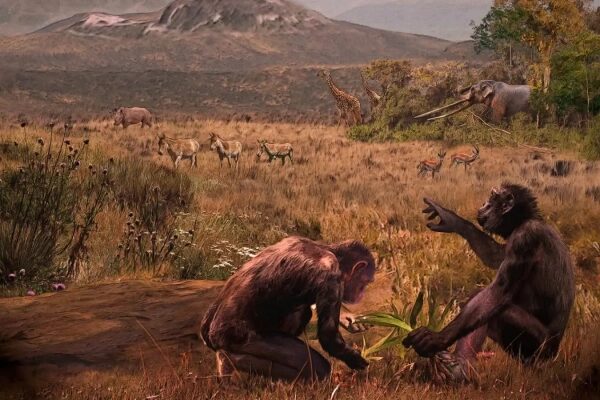 Древние гоминиды в саванне изучают растения, рядом пасутся животные и мамонт.