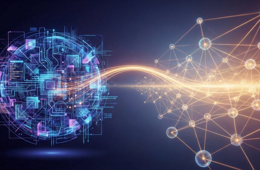Цифровая сеть и технологическая сфера, соединенные световым потоком.