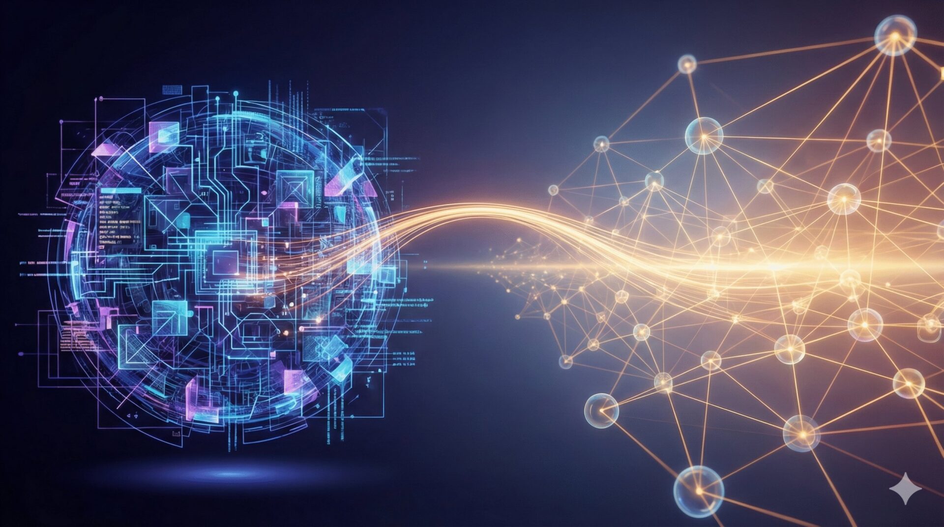 Цифровая сеть и технологическая сфера, соединенные световым потоком.