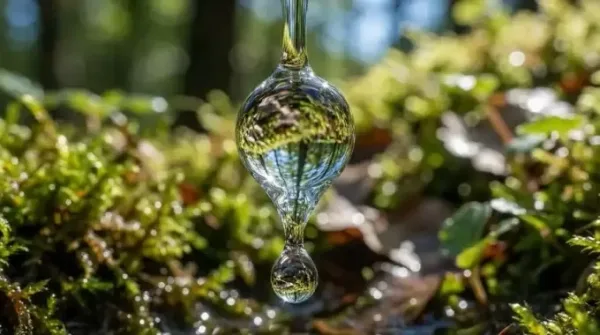 Найден способ точно контролировать капсулы-«носители» лекарств 2 Капля воды на фоне мха и природы, отражение деревьев, макросъемка.