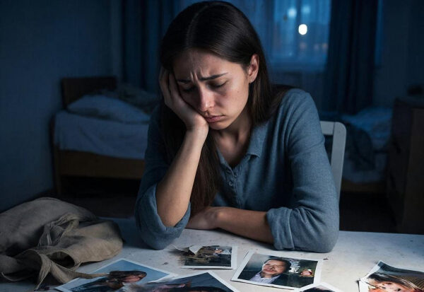 Женщина сидит за столом с фотографиями в темной комнате, задумавшись.