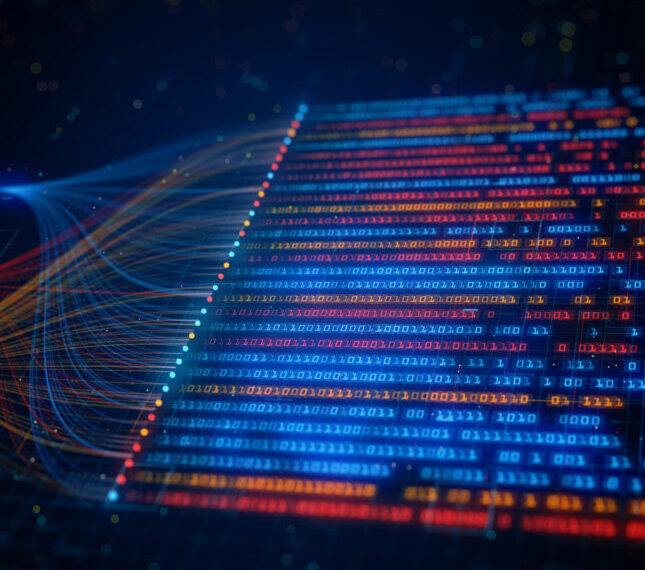 Цифровой код двоичного формата на чёрном фоне, показывает потоки данных и сети.
