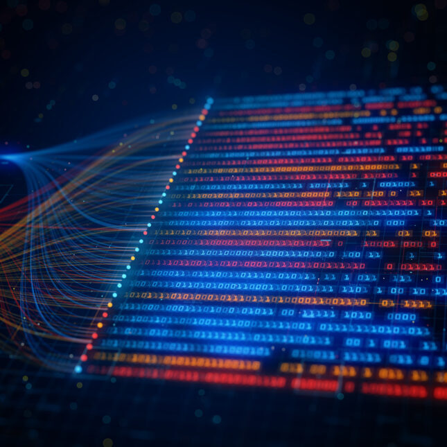 Цифровой код двоичного формата на чёрном фоне, показывает потоки данных и сети.