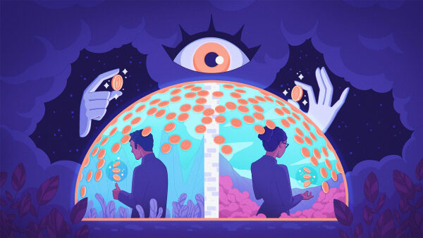 Иллюстрация с символическим глазом, монетами и двумя медитирующими фигурами в куполе.