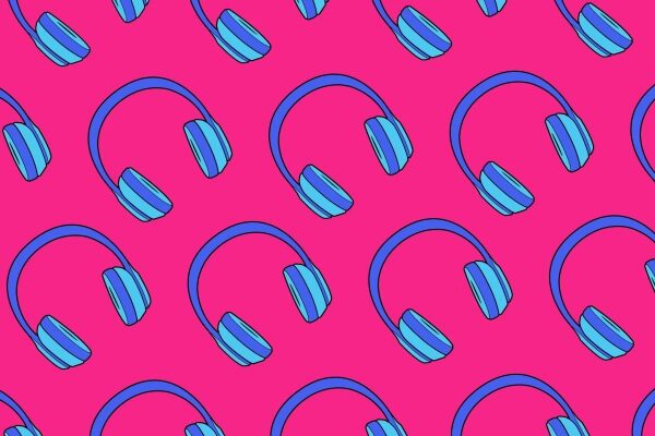 Синий узор наушников на розовом фоне, стильный фон для музыки и технологий.