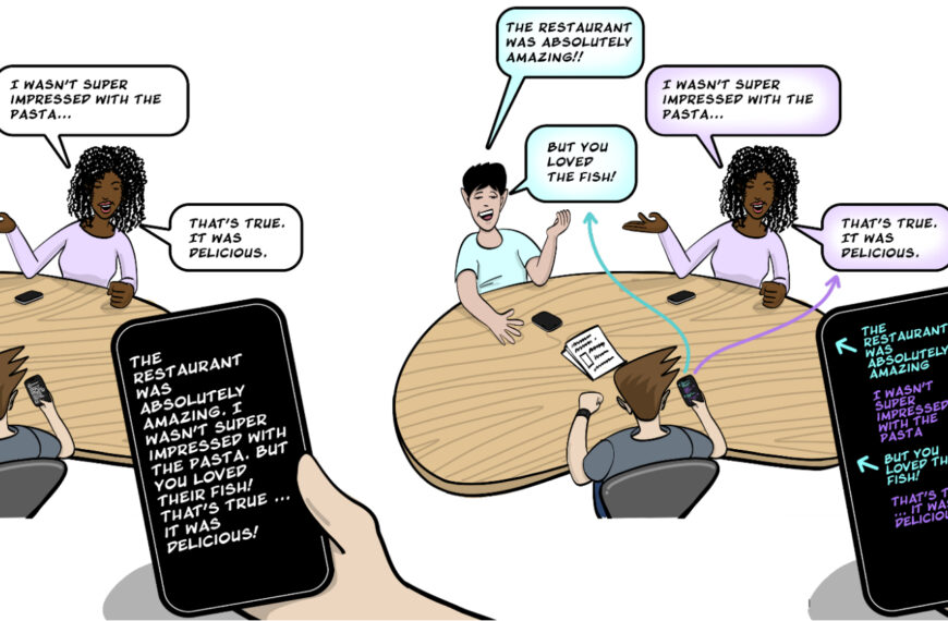 Трое друзей обсуждают ресторан, пока один записывает разговор на телефон.