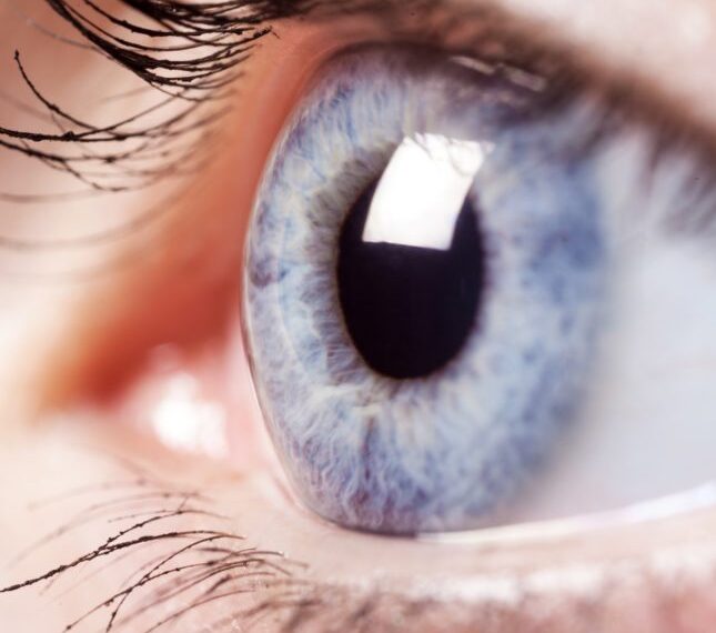 Голубой глаз крупным планом, детали радужки и ресницы, макросъемка.