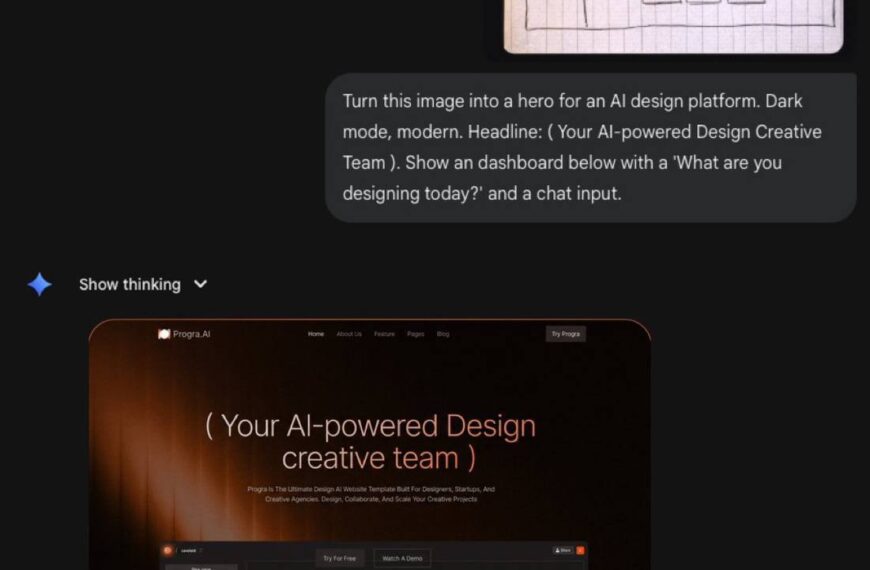 Эскиз и готовая веб-страница платформы для AI-дизайна в современном темном режиме.