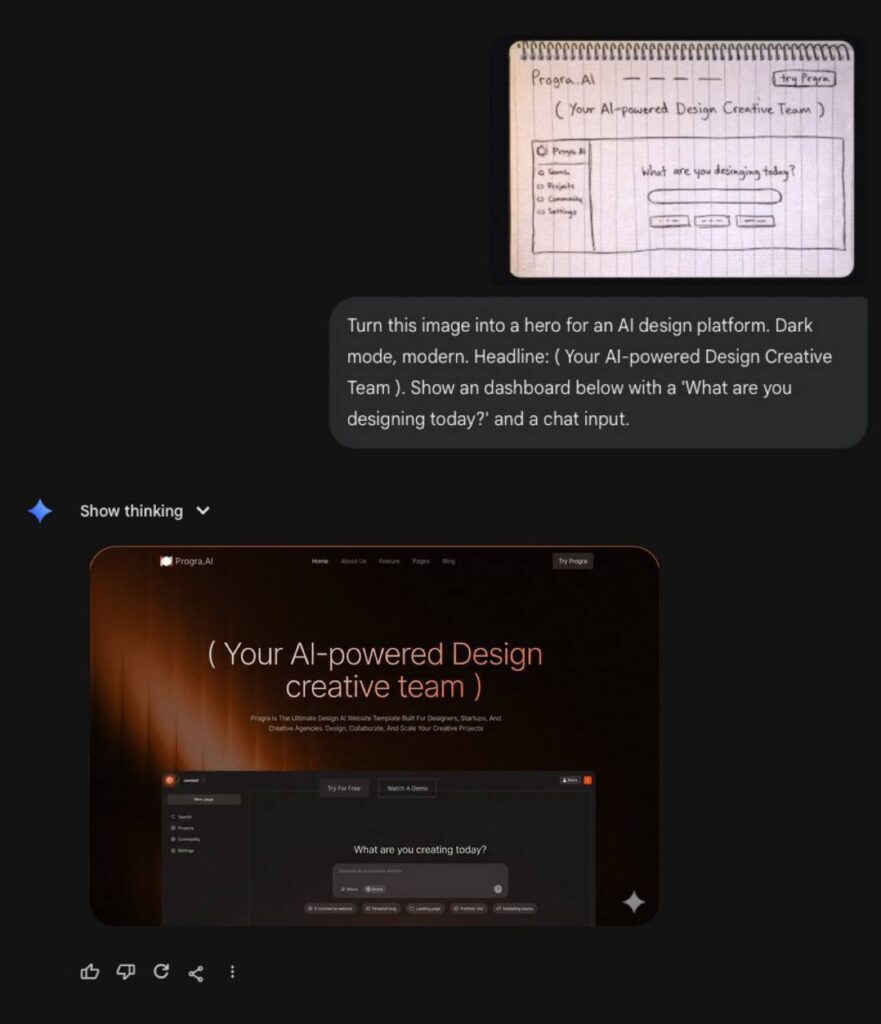 Эскиз и готовая веб-страница платформы для AI-дизайна в современном темном режиме.