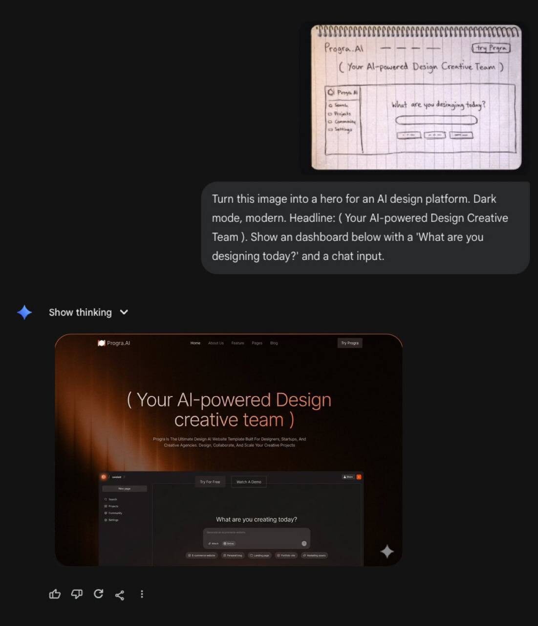 Эскиз и готовая веб-страница платформы для AI-дизайна в современном темном режиме.