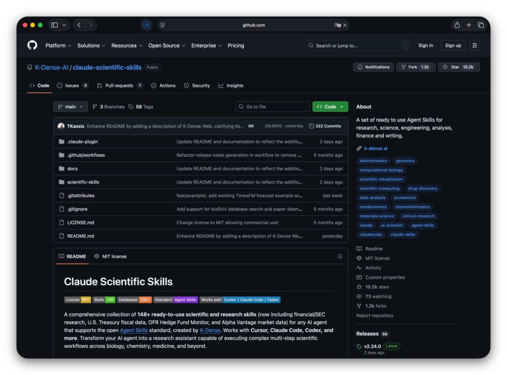 Скриншот репозитория GitHub "Claude Scientific Skills" AI для научных исследований.