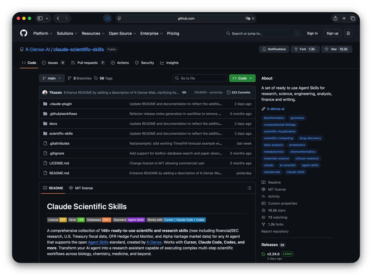 Скриншот репозитория GitHub "Claude Scientific Skills" AI для научных исследований.