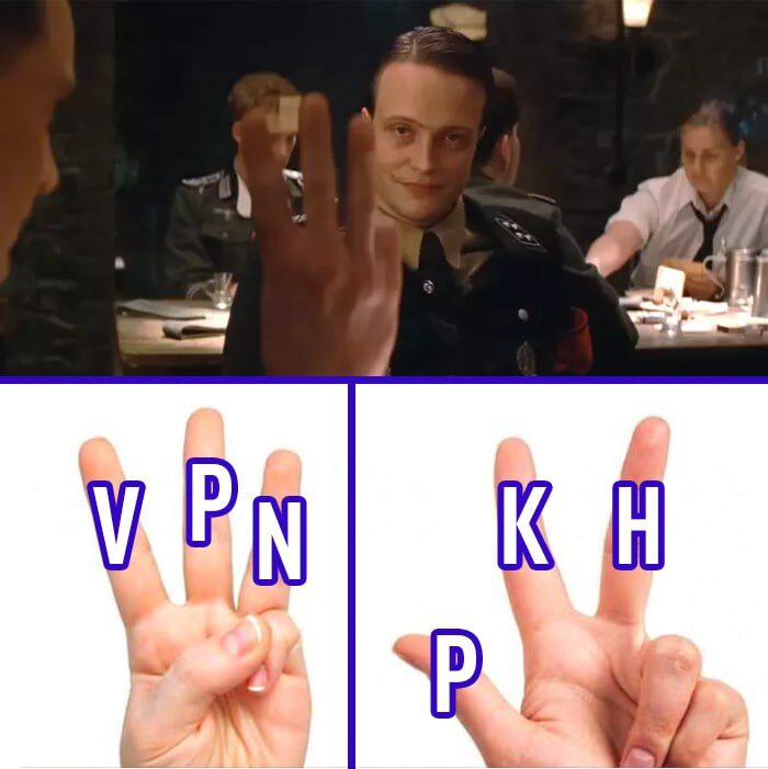 Сцена с жестами пальцами, где один жест символизирует "VPN", а другой "KHP".