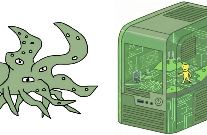 Скетч: цифровой осьминог и виртуальный мир внутри компьютера с человечком.