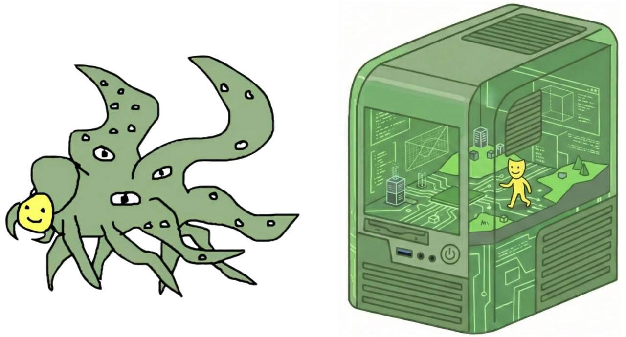 Нейросети грозятся захватить мир, потому что начитались фантастики — Anthropic... 2 Скетч: цифровой осьминог и виртуальный мир внутри компьютера с человечком.