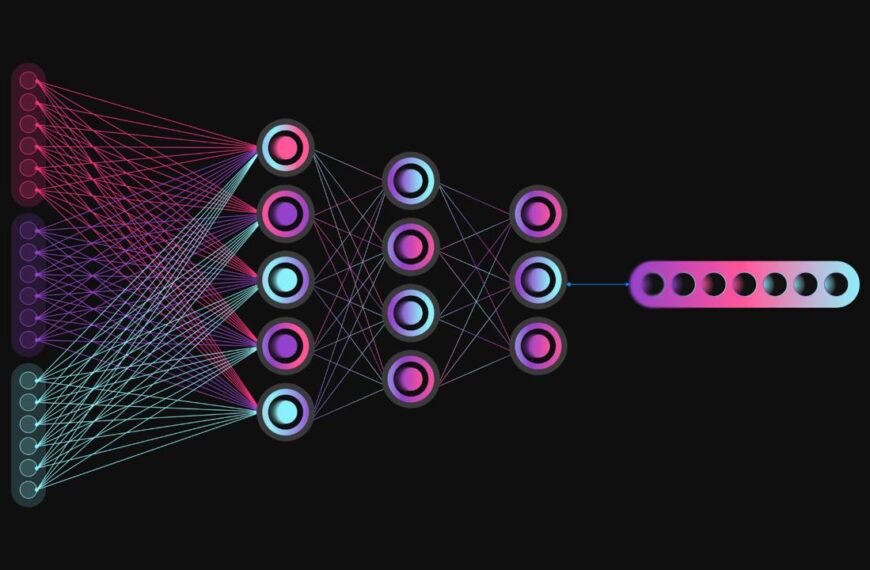 Схема нейронной сети с цветными слоями на тёмном фоне, связи между узлами.