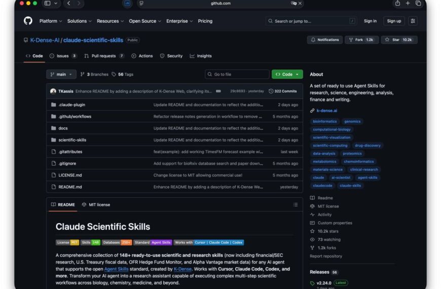 GitHub репозиторий Claude Scientific Skills, список файлов и описание проекта на темной теме.
