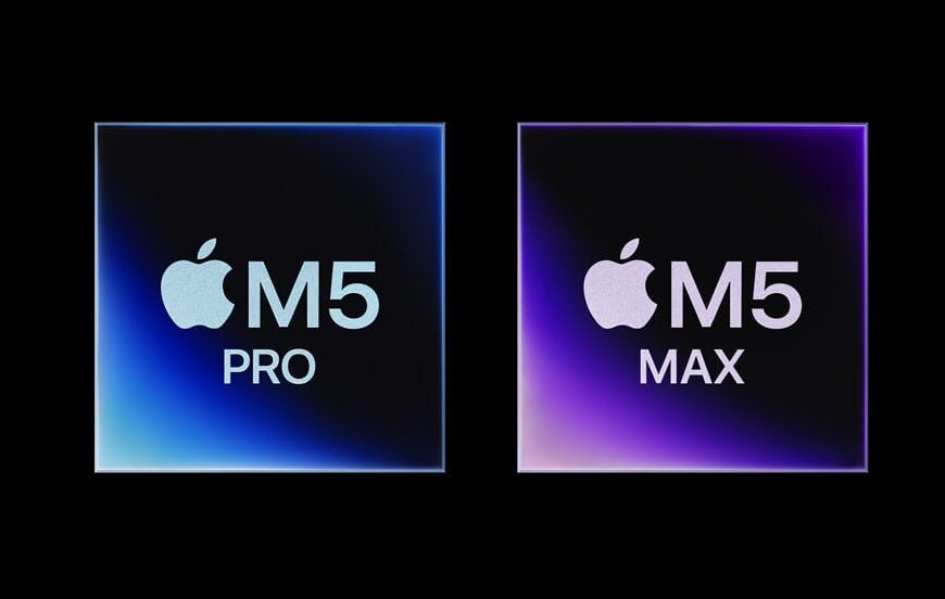 Apple M5 Pro и M5 Max чипы на темном фоне, логотипы в синем и фиолетовом свете.