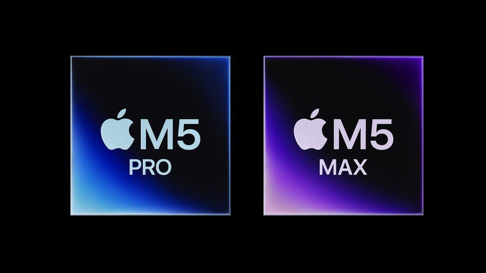 Apple M5 Pro и M5 Max чипы на темном фоне, логотипы в синем и фиолетовом свете.