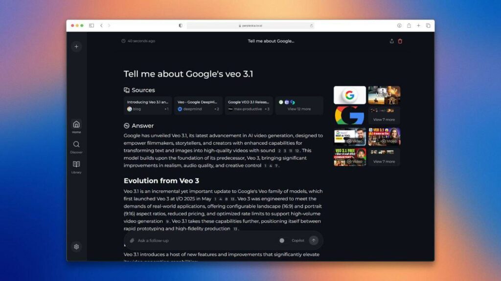 Бесплатный open-source аналог Perplexity — Perplexica Появился Perplexica — open-source... 1 Тёмный интерфейс с информацией о Google Veo 3.1 и связанными источниками.