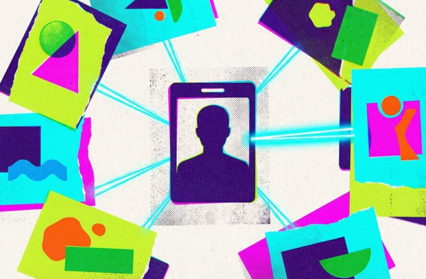 Абстрактная иллюстрация с абстрактными фигурами и силуэтом человека в центре.