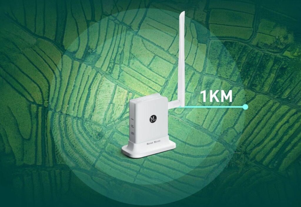 Wi-Fi передатчик с антенной на фоне поля, радиус действия 1 км.