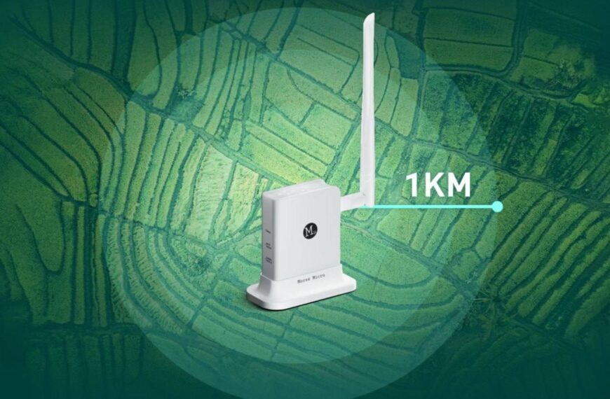 Wi-Fi передатчик с антенной на фоне поля, радиус действия 1 км.