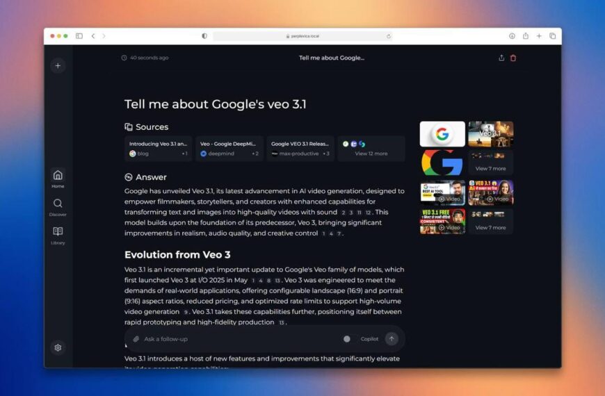 Интерфейс браузера с текстом о Google Veo 3.1 и ссылками на источники.