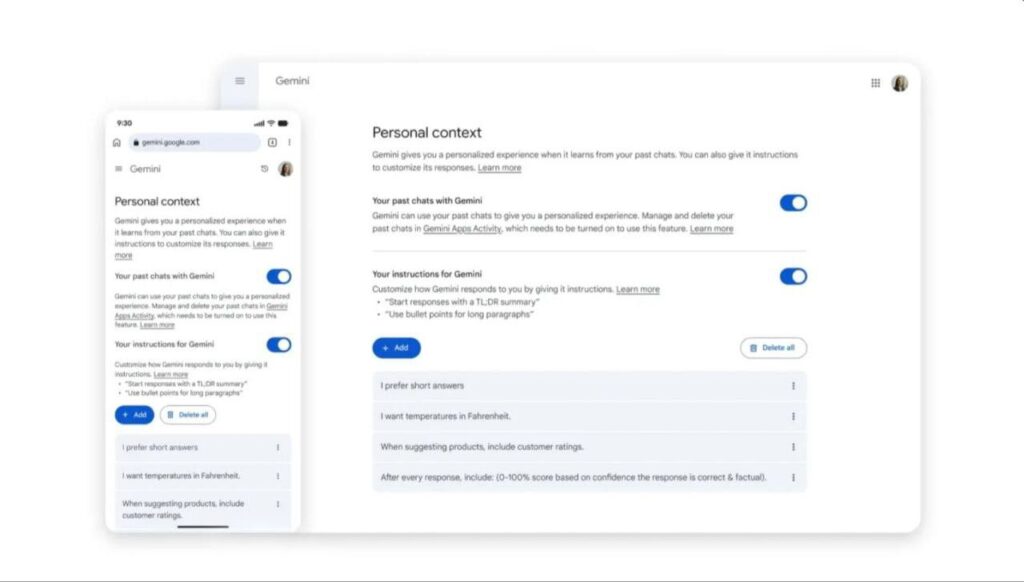Интерфейс пользовательских настроек Gemini на смартфоне и компьютере.