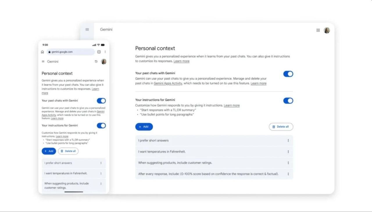 Интерфейс пользовательских настроек Gemini на смартфоне и компьютере.