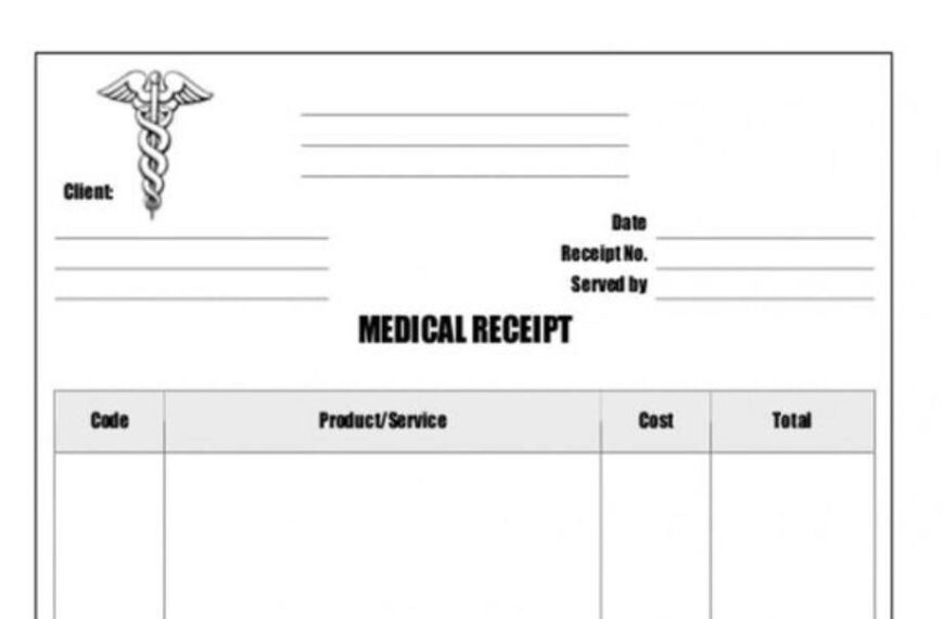 Бланк медицинской квитанции с таблицей для заполнения услуг и стоимости.