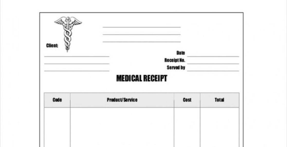 Бланк медицинской квитанции с таблицей для заполнения услуг и стоимости.