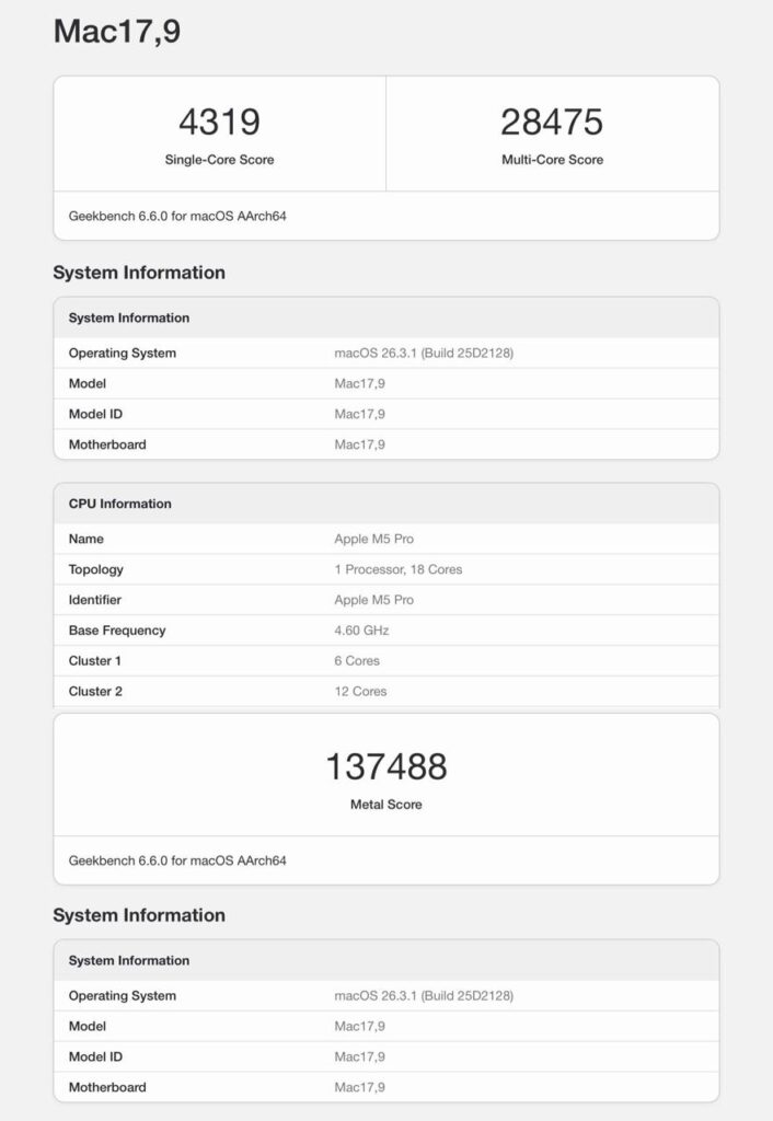 Результаты теста Geekbench для Mac17,9 с процессором Apple M5 Pro, macOS 26.3.1.