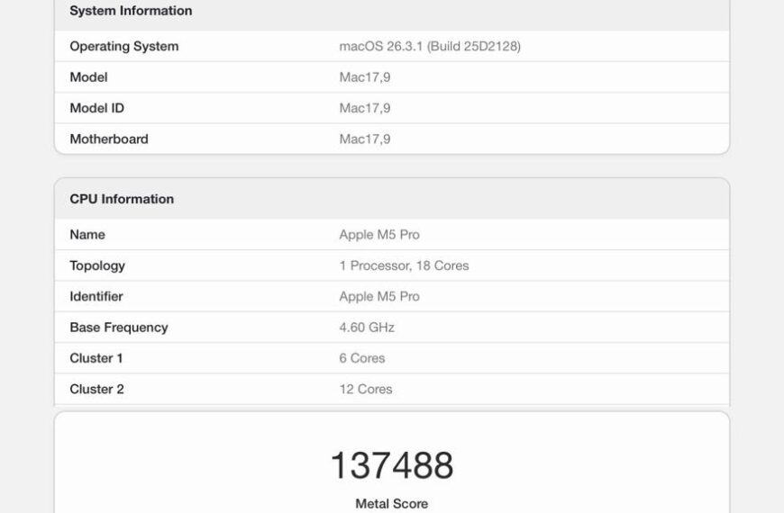 Результаты теста Geekbench для Mac17,9 с процессором Apple M5 Pro, macOS 26.3.1.