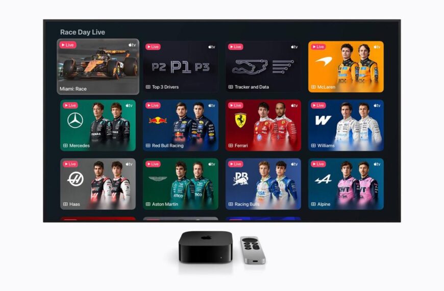 Интерфейс ТВ приложения с прямыми трансляциями гонок Формулы 1 и команд.