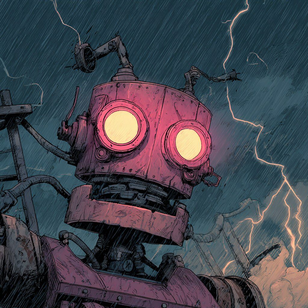 Робот под дождём с молнией на фоне, крупный план, темное небо.