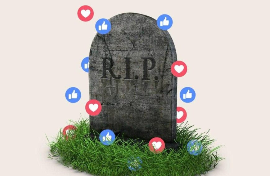 Надгробие с надписью "R.I.P." окружено лайками и сердечками в социальной сети.