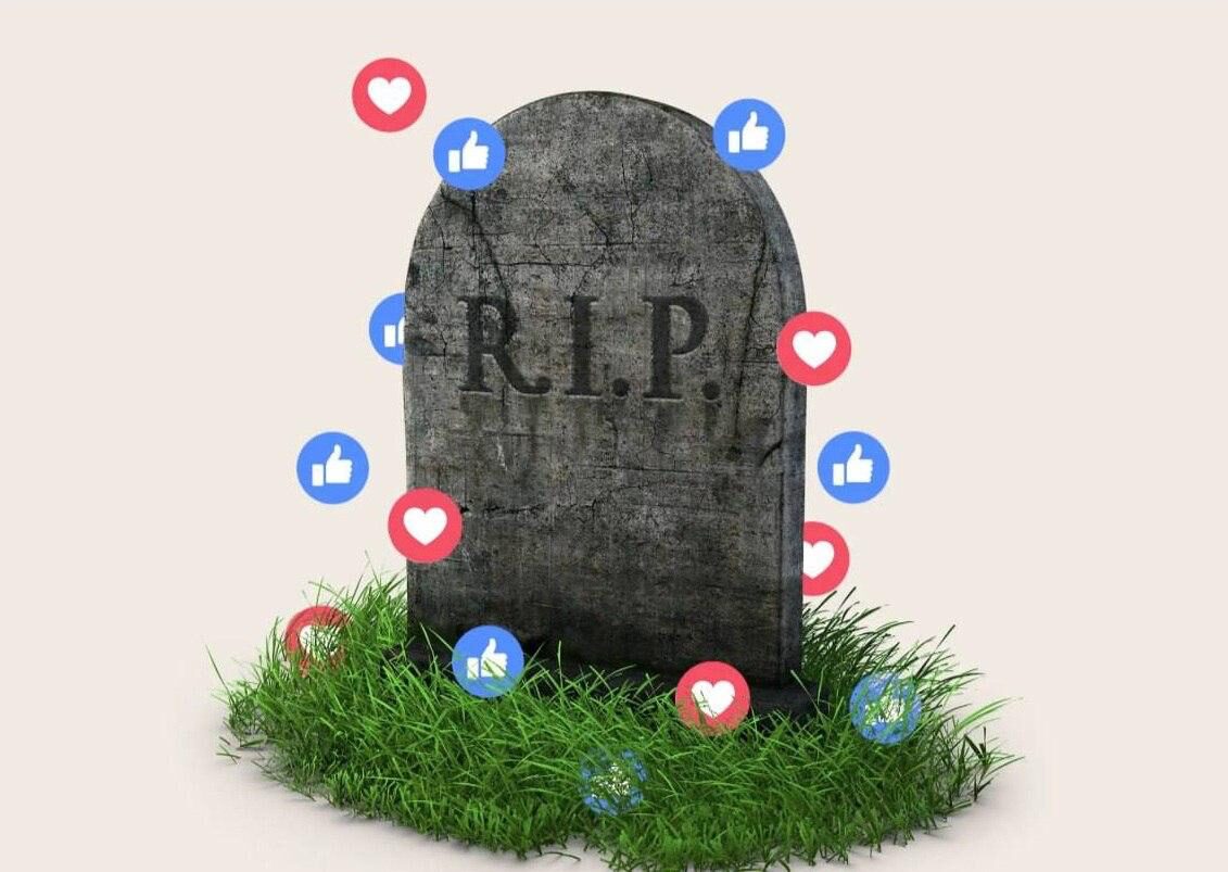 Надгробие с надписью "R.I.P." окружено лайками и сердечками в социальной сети.