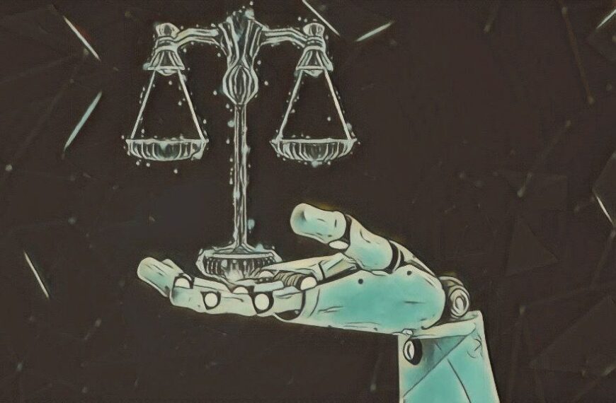 Роботизированная рука держит весы, символизируя баланс технологий и правосудия.