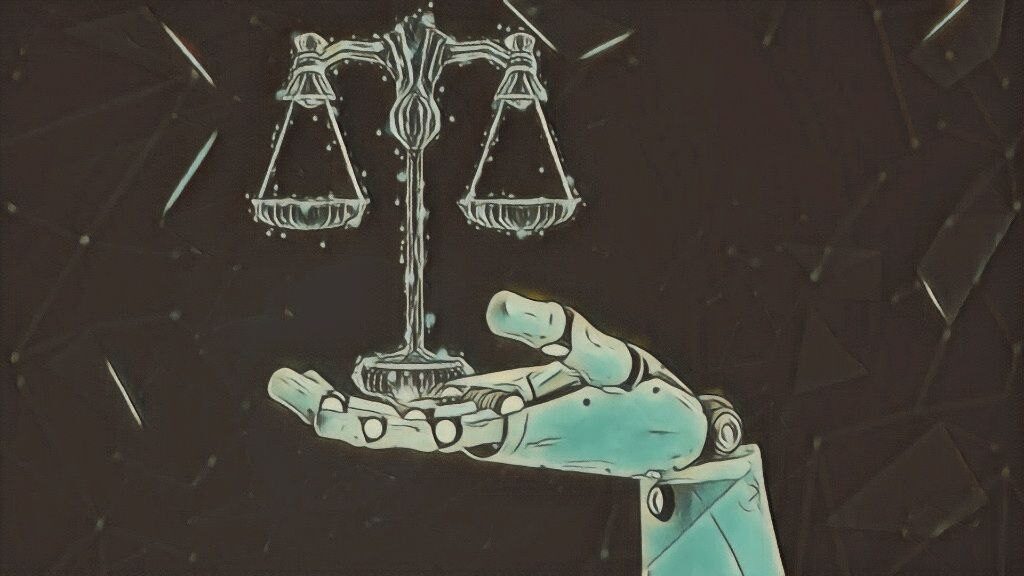 Роботизированная рука держит весы, символизируя баланс технологий и правосудия.